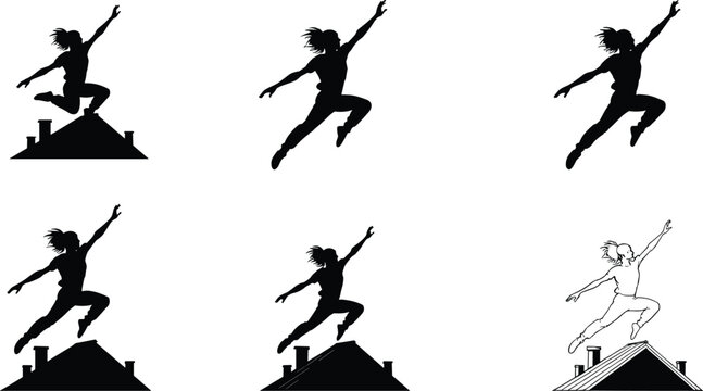 Parkour athlete silhouette set jumping across urban rooftops, dynamic free running poses, extreme sport movement, city action, agility concept
