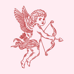 Cupid holding bow vector line drawing. Valentine's Day whimsical coquette illustration, hand drawn