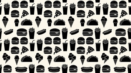 Variety of fast food icons on cream background for menu design