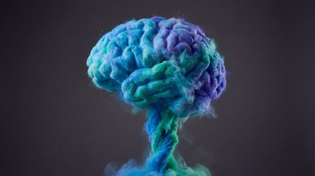 Vibrant blue and purple brain exploding in colorful smoke