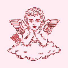 Cupid on the cloud vector line drawing. Valentine's Day whimsical coquette illustration, hand drawn