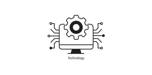 Technology monitor with a gear and circuit connections line icon