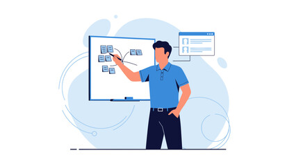 Obraz premium Man drawing flowchart on whiteboard, business strategy, planning, teamwork, presentation