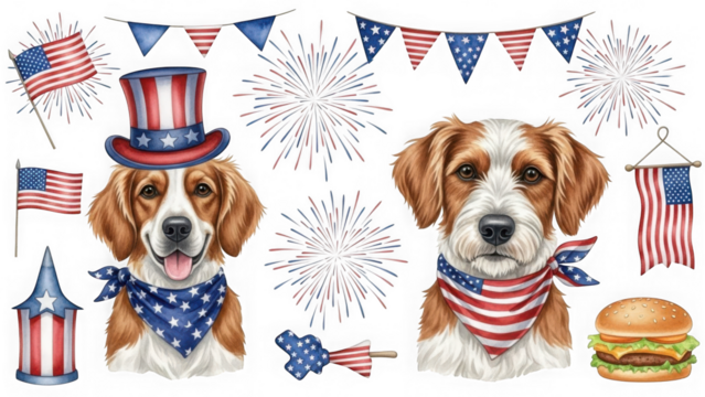 Celebratory dogs with patriotic elements isolated on transparent background - Powered by Adobe