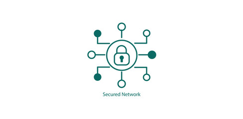 Secured network icon with central padlock and connected nodes