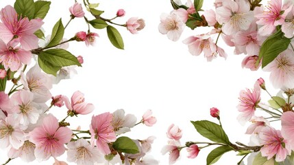 Delicate pink cherry blossoms frame with leaves against white background.