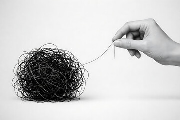 Abstract hand drawing. Tangled line. Psychology, Concept of thinking, finding a solution. Chaotic thoughts. Labyrinth. Complex task. Emotions of tension, anxiety. Reason.