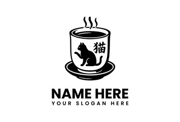 Stylized Black Cat Silhouette on Steaming Tea Cup with Japanese Character.