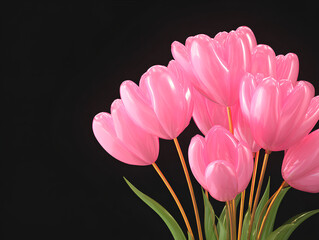 Inflatable Pink Tulips Bouquet on Black Background, 3D Floral Illustration