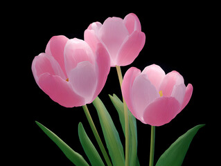 Vibrant Pink Tulips Blooming Against a Deep Black Background