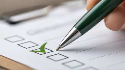 Green pen checking items on printed list for professional review and organization