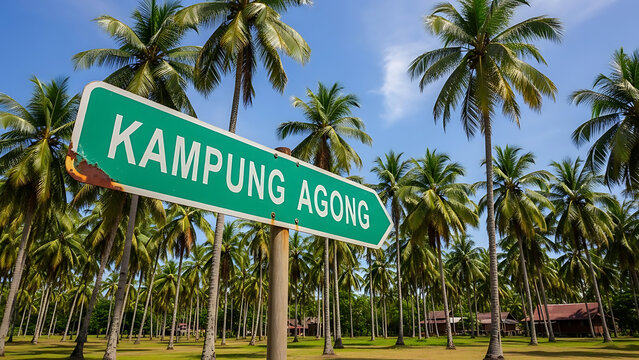 Kampung Agong Signboard with Coconut Palm Trees Background