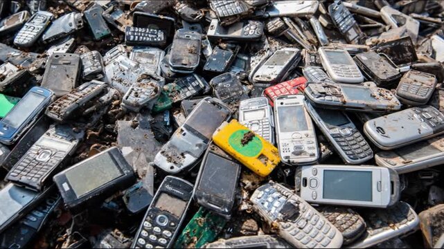 A large pile of discarded, broken, and rusty mobile phones in various colors