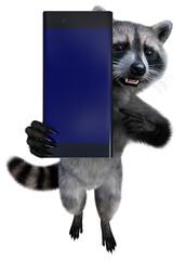 Grinning raccoon stands on its hind legs and shows us his smartphone with a blue copy space screen. 3d rendering on transparent background, no AI used © imaltsev
