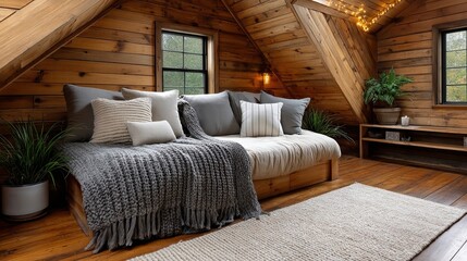 Cozy Seamless Interior Cozy Rustic Attic Living Space with Natural Wood and Soft Textiles