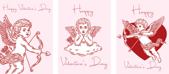 Happy Valentine's Day Greeting Card Set. Whimsical invitations, Cupid coquette line illustrations