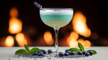 A beautifully crafted cocktail garnished with lavender and surrounded by blueberries and mint leaves on a table in front of a warm fireplace.