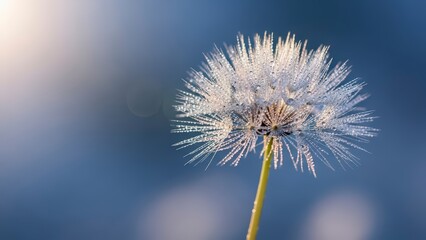 A close-up of a dandelion flower with dew drops on its delicate seeds against a blue background