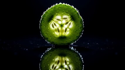 Sliced cucumber with water droplets on black background with reflection for refreshing concept