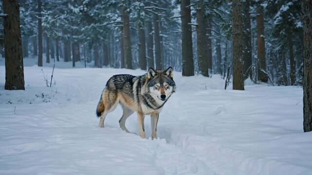 Black and white Siberian husky standing on a mountain in the background of mountains and forests. Dog on the background of a natural landscape