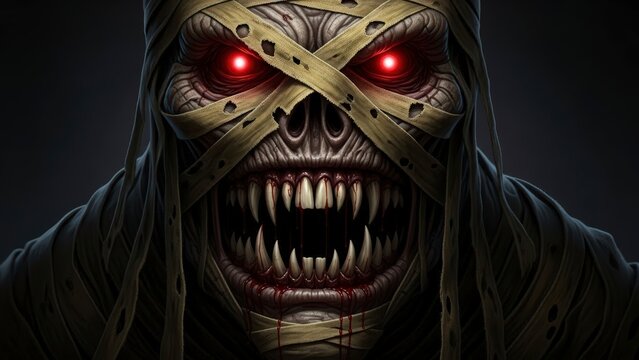 A terrifying mummy with glowing red eyes and sharp teeth is depicted in a dark and ominous setting.