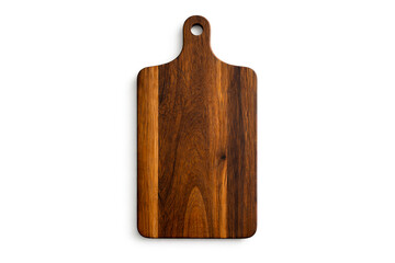 Fototapeta premium Wooden cutting board isolated on white background. Rectangular kitchen board with handle and natural wood grain texture, ideal for cooking, serving, food styling and recipe design.