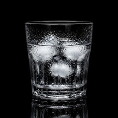 Cold condensation on faceted glass holding refreshing water and three spherical ice cubes studio shot