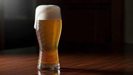 A cold glass of beer sits on a wooden table in a dimly lit room