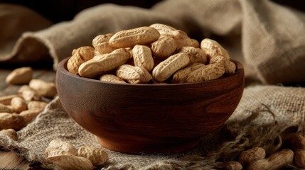 Rustic wooden bowl filled with unshelled peanuts on burlap cloth.