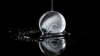 Clear melting sphere of ice covered in cold water droplets on black reflective surface studio photography