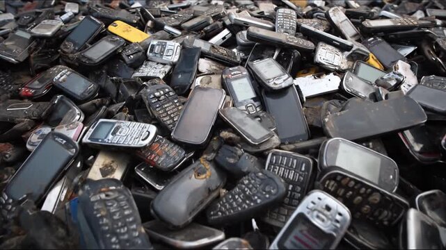 A large pile of discarded and broken cell phones