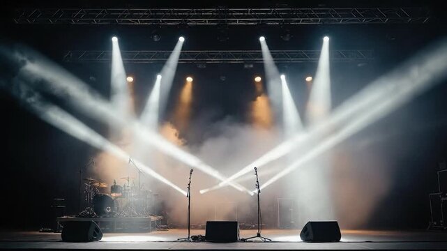 Empty concert stage with dramatic spotlights and smoke effects, prepared for live music performance, festival, or show, symbolizing entertainment, event production, and stage lighting.
