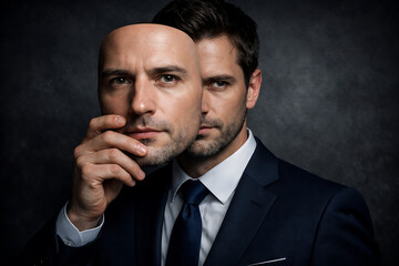 Businessman placing artificial face over real face symbolizing deepfake identity manipulation multiple personality and digital deception concept