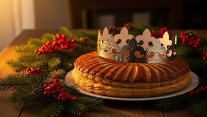 A traditional French king cake with a golden crown on top, surrounded by festive Christmas decorations