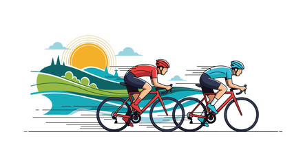 Fototapeta premium Two professional cyclists in sportswear race on their bicycles through a beautiful sunny landscape with hills and trees..