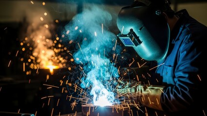 A welder wearing protective gear works diligently in a workshop with sparks flying everywhere