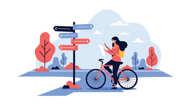 Female cyclist with a backpack stops at a crossroad signpost to check a map making a decision on which way to go._#.#