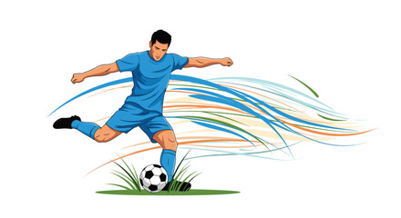 Obraz premium A dynamic illustration of a soccer player in a blue uniform kicking a ball with a powerful and colorful motion trail.._#