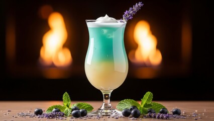 A colorful cocktail with a gradient of blue and yellow, garnished with lavender and surrounded by blueberries and mint leaves, sits on a wooden table in front of a warm fireplace.
