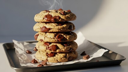 A stack of freshly baked chocolate chip cookies on a baking tray