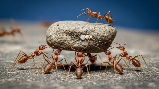 A group of ants working together to carry a large rock across the ground