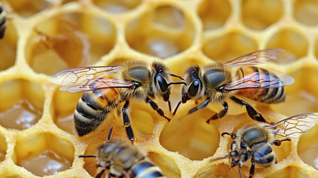 Close up view of the working bees on honey cells
