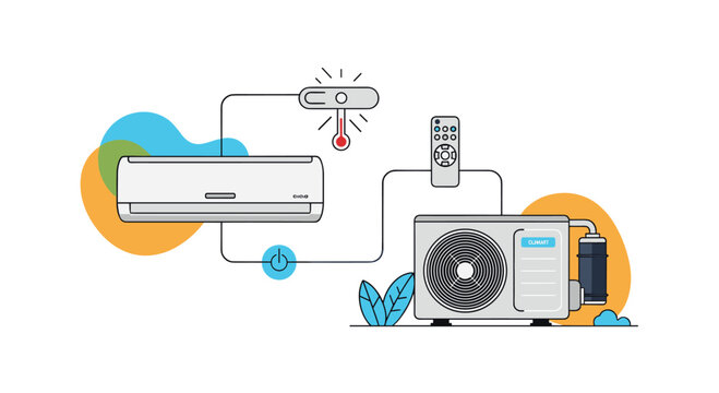 A modern air conditioner system with an indoor unit outdoor unit remote control and a smart thermostat for climate control.