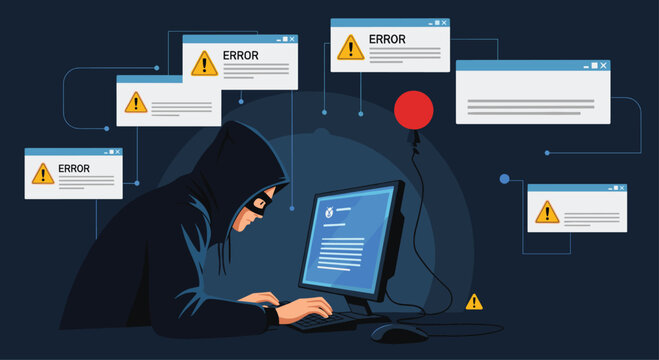 A hooded hacker in the dark uses a computer to launch a cyber attack causing multiple error and warning pop-up windows..