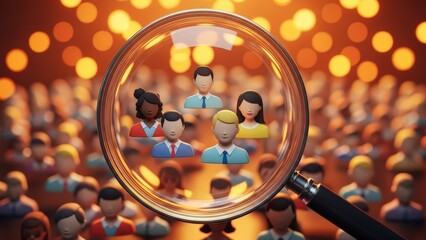 A magnifying glass focuses on a diverse group of cartoon people in a crowd with a blurred background of yellow lights.