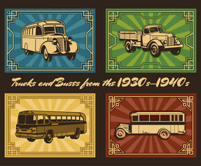 Trucks and Buses from the 1930s - 1940s. Retro Transport Poster Set. Art Deco Frames, Classic Autobus and Truck. 1930s, 1940s Color Palette