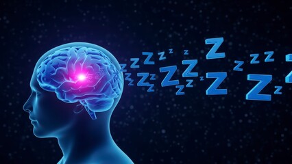 A digital illustration of a human head with a glowing brain and sleepy thoughts drifting away
