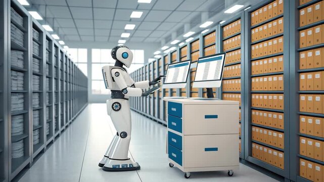 Robot Assistant Interacting with Computer Terminal in a Vast Digital Archive Warehouse, Cinematic Lighting...