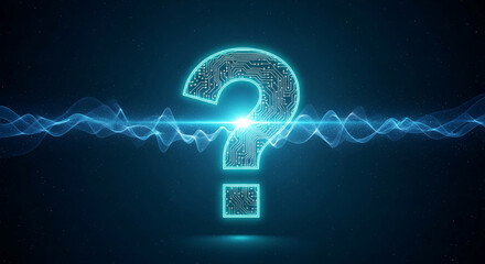Glowing blue question mark with a circuit board pattern against a dark starry backdrop, signifying uncertainty, technology, and inquiry in digital space