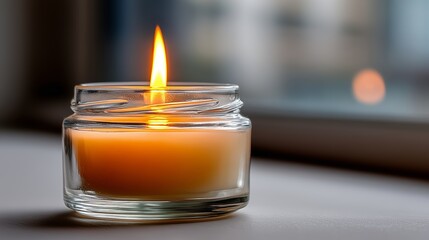 Lit traditional memorial candle Yahrzeit placed on a table near a window during evening hours